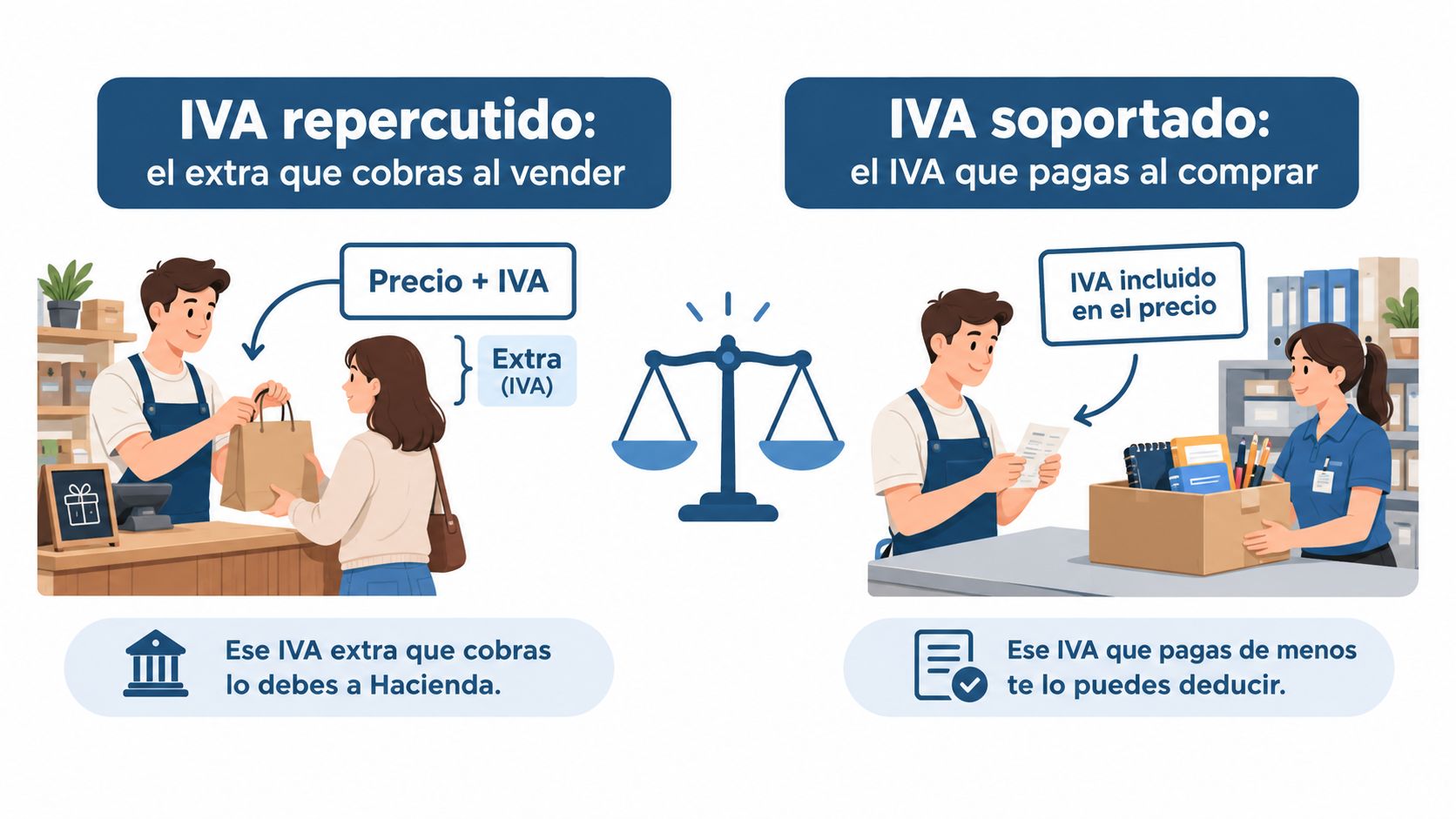Una ilustración comparativa que explica la diferencia entre el IVA repercutido cobrado al vender y el IVA soportado pagado.