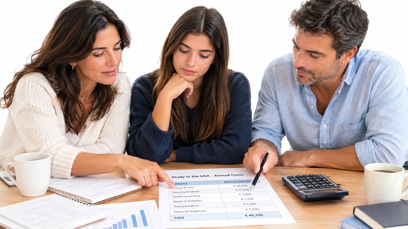 Una familia revisa los costos anuales de estudiar en Estados Unidos usando una calculadora y documentos financieros.