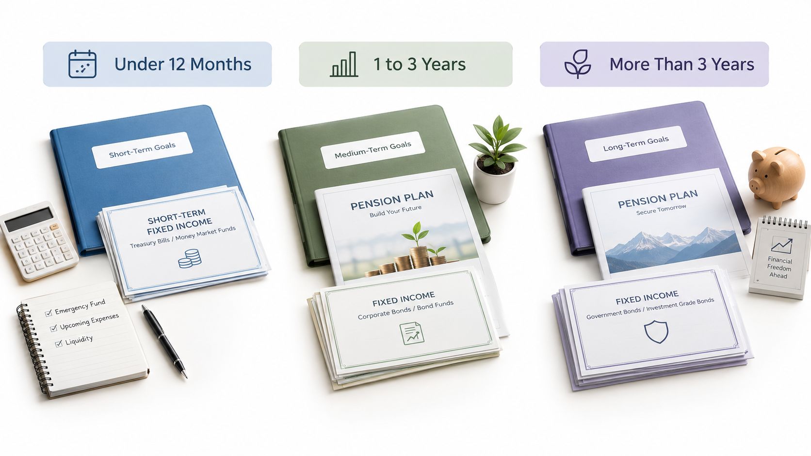 Ilustración educativa mostrando planificación financiera con categorías de corto, mediano y largo plazo utilizando libretas e iconos.