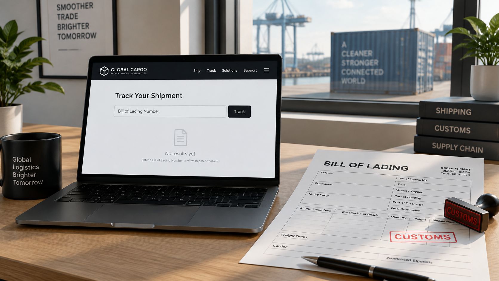 A laptop showing a shipment tracking interface next to a physical bill of lading document on a desk.