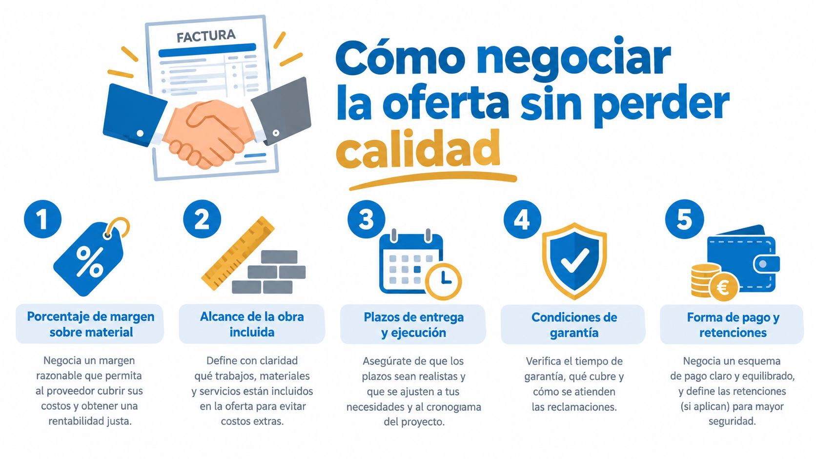 Infografía con cinco consejos clave para negociar ofertas manteniendo la calidad en proyectos de instalación.