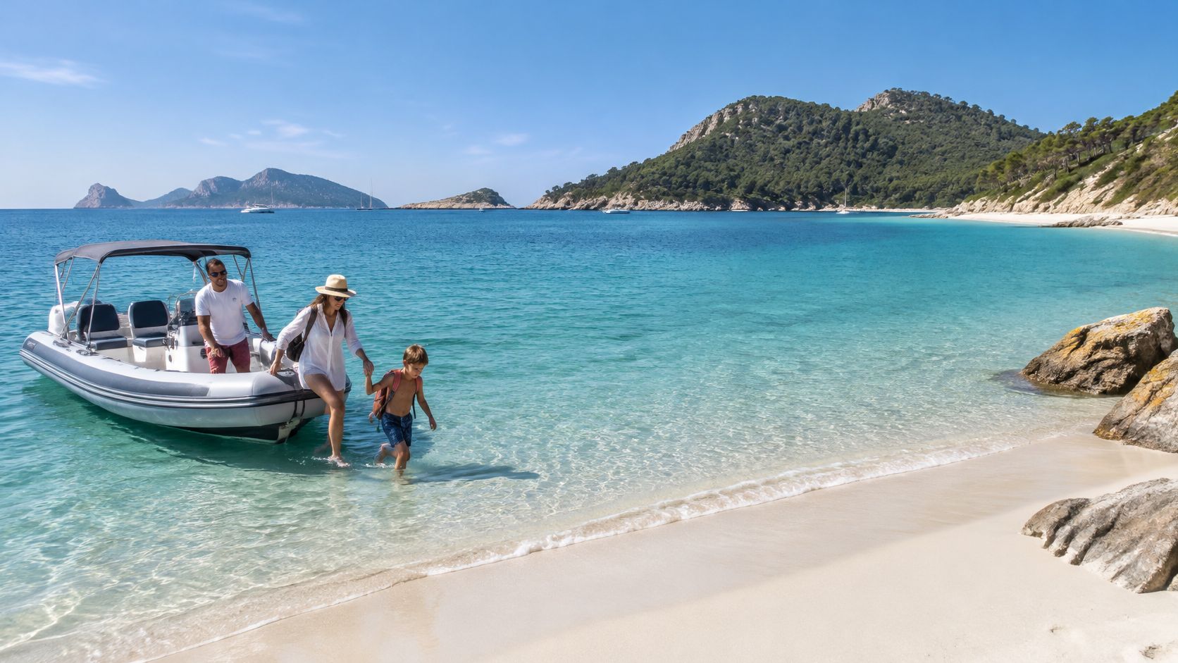 A family stepping off a small motorboat onto a pristine white sandy beach with turquoise water.