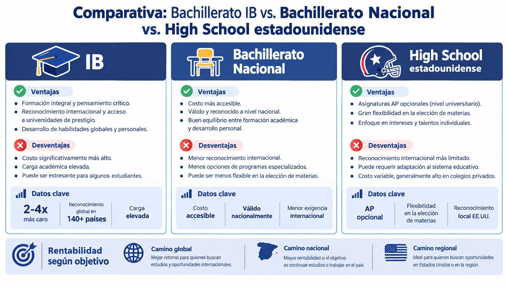 Comparativa educativa detallando ventajas y desventajas del Bachillerato IB, Bachillerato Nacional y el High School estadounidense.