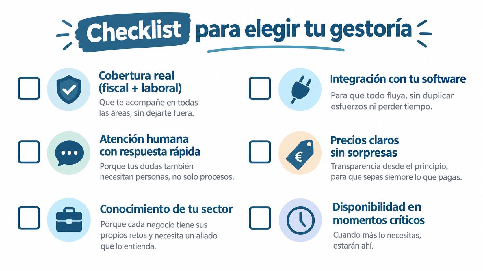 Lista de verificación para elegir una gestoría adecuada con consejos clave para emprendedores y autónomos.