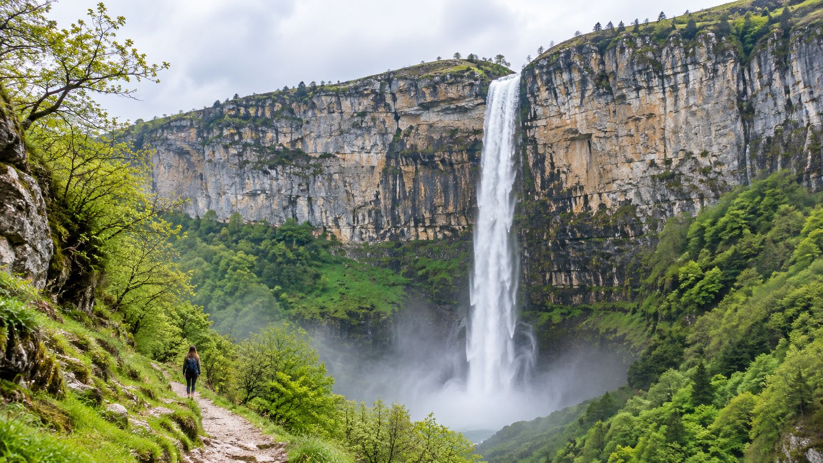 A hiker standing on a dirt path looking at a massive waterfall plunging from steep rocky cliffs.