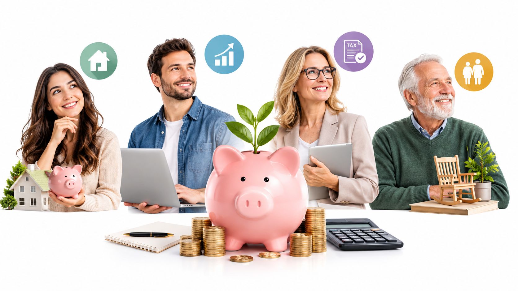 Grupo diverso de personas planificando su futuro financiero con alcancías, monedas, calculadora y objetos simbólicos.