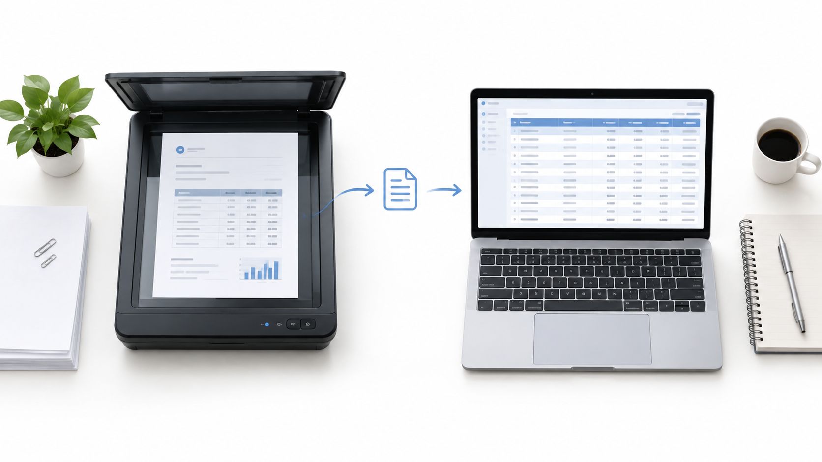 Un escáner procesando un documento físico que se convierte digitalmente en una computadora portátil moderna.