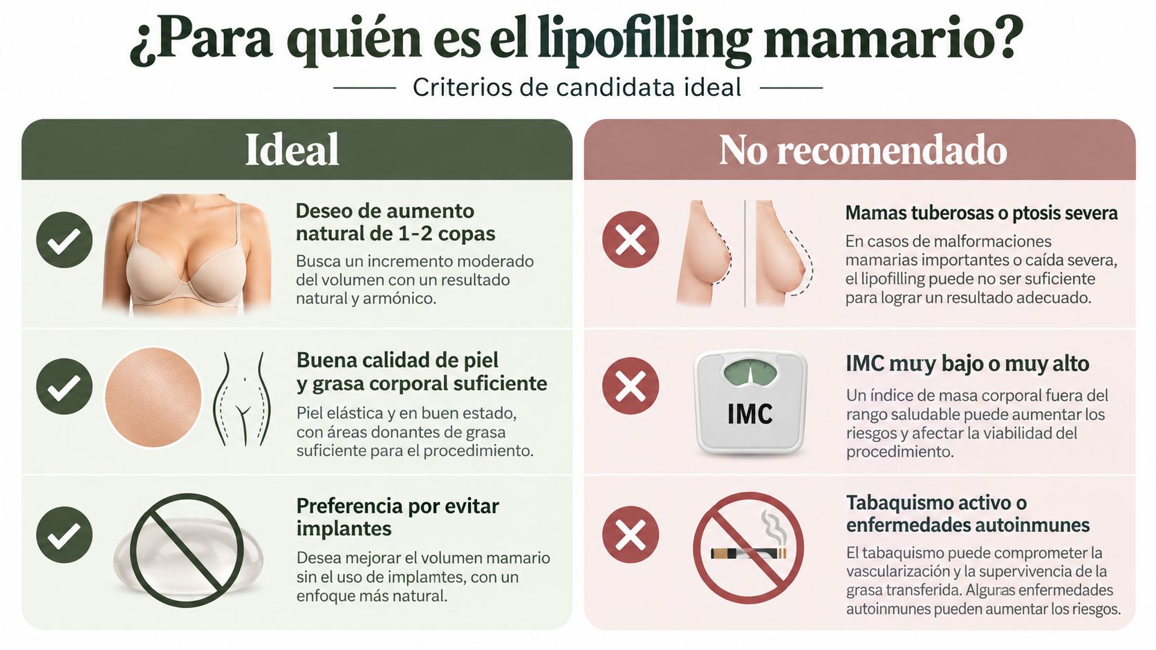 Infografía sobre los criterios de candidatas ideales y no recomendadas para el procedimiento de lipofilling mamario.