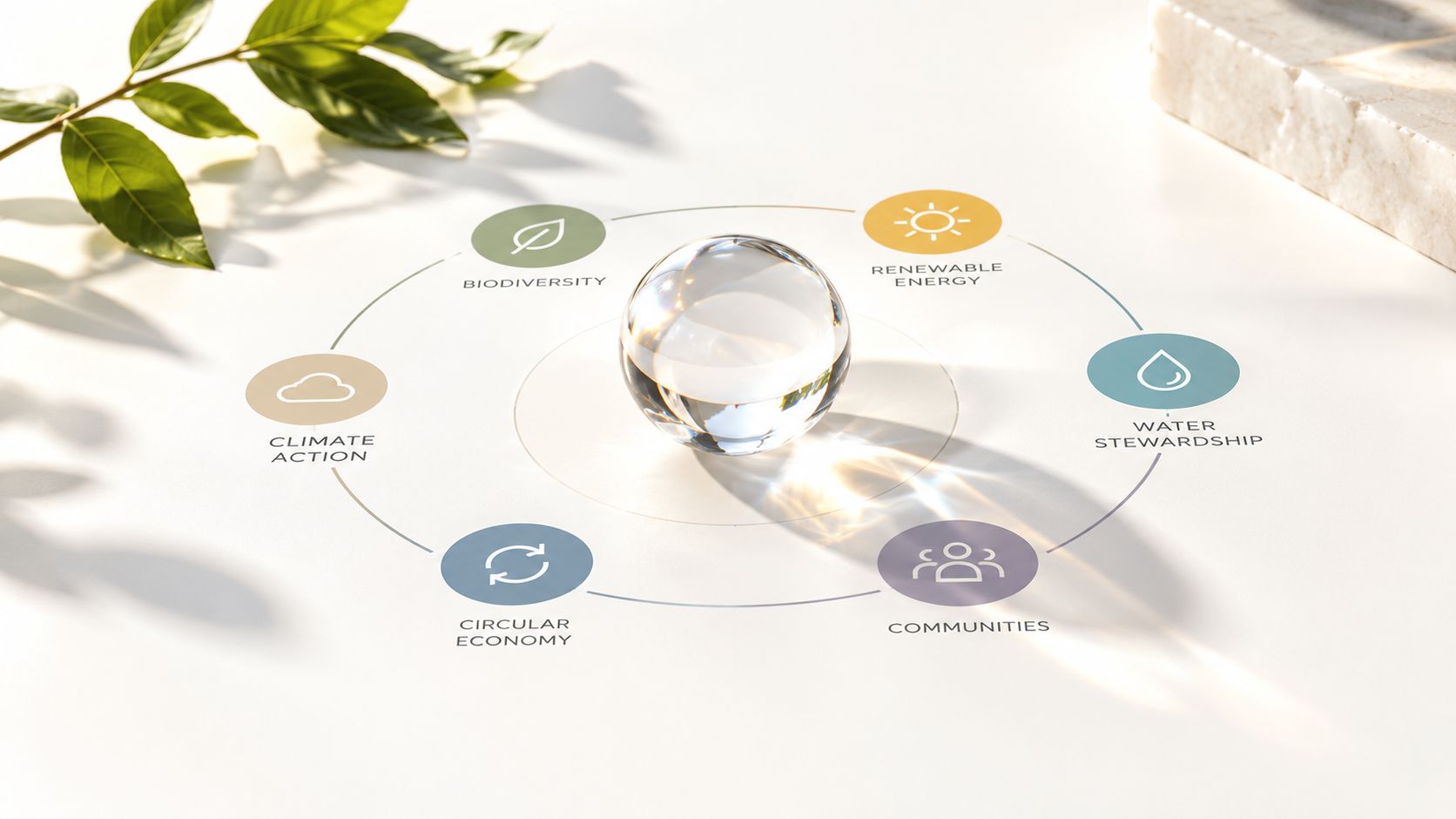 Esfera de cristal centrada sobre un esquema circular que representa seis pilares de sostenibilidad medioambiental y social.