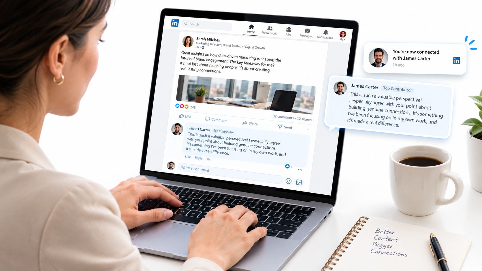A professional woman uses a laptop to engage with content on LinkedIn, highlighting networking and digital growth.