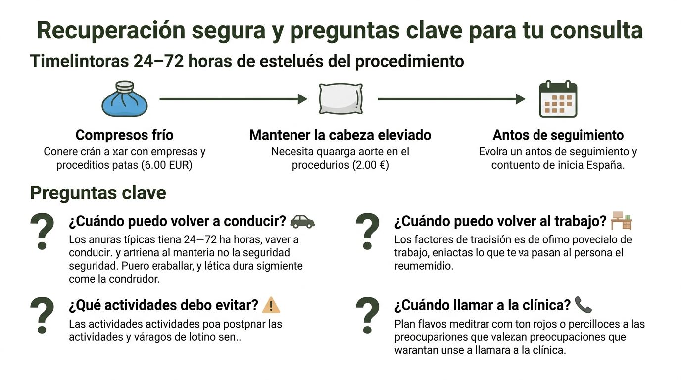 Infografía con consejos de recuperación postoperatoria para pacientes tras una cirugía, incluyendo cuidados esenciales y preguntas frecuentes.