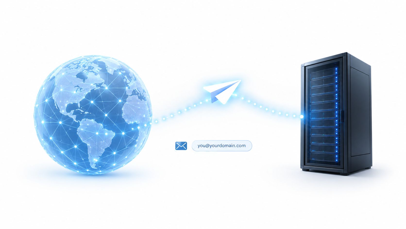 A digital representation of a global network connecting to a server, symbolizing email delivery and DNS records.