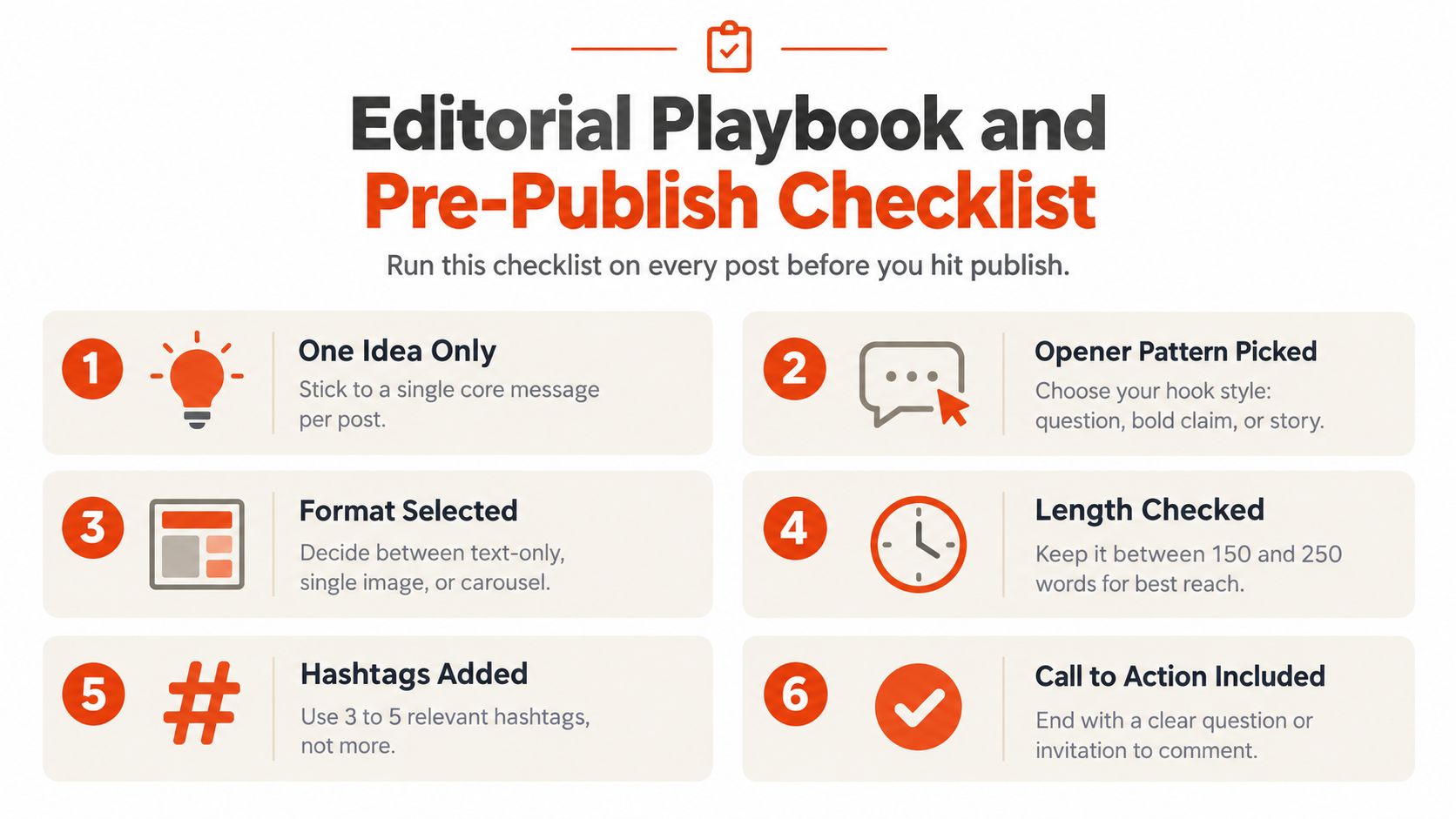 A six-step editorial playbook and pre-publish checklist for creating effective and engaging social media content.