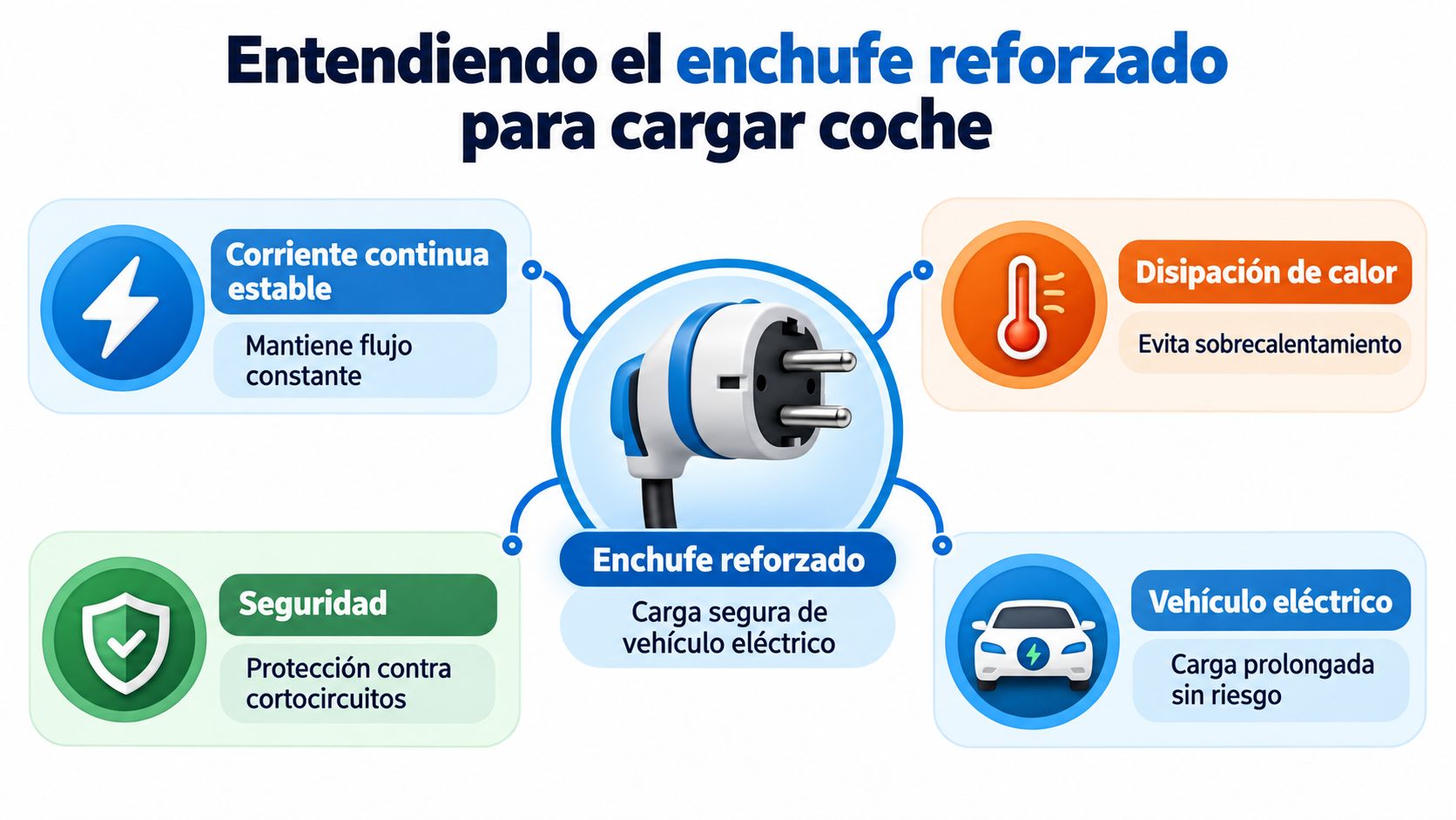 Diagrama explicativo sobre los beneficios y características de seguridad de un enchufe reforzado para coches eléctricos.