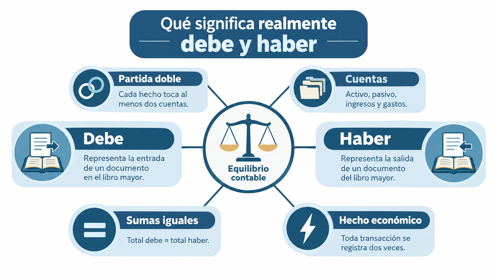 Infografía explicativa sobre los conceptos contables básicos de debe y haber en el equilibrio contable financiero.