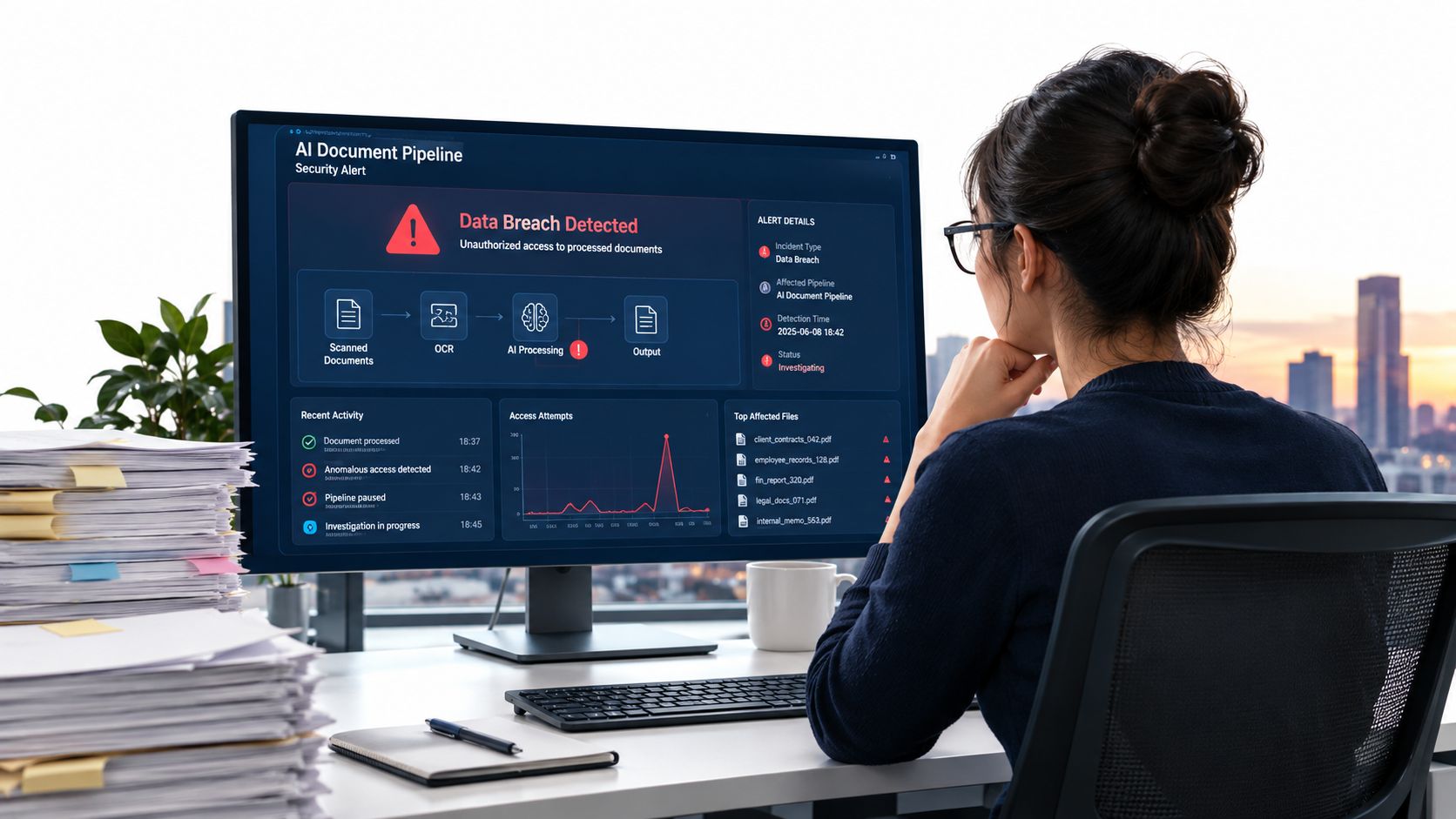 A woman working at a computer in a modern office, monitoring a data breach security dashboard alert.