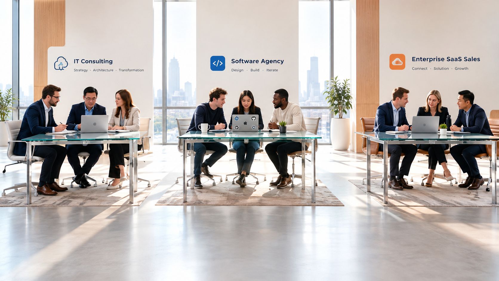 A bright modern office featuring three teams collaborating at separate glass tables on corporate business projects.