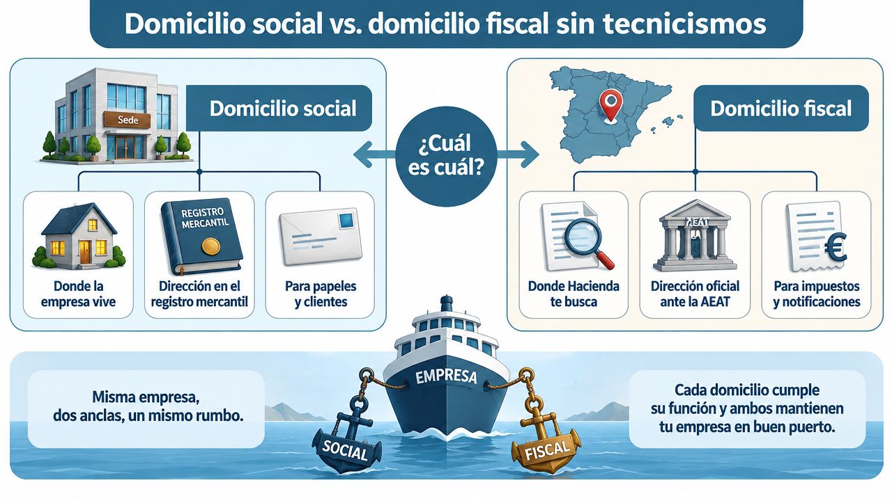 Infografía comparativa que explica las diferencias entre el domicilio social y el domicilio fiscal de una empresa.