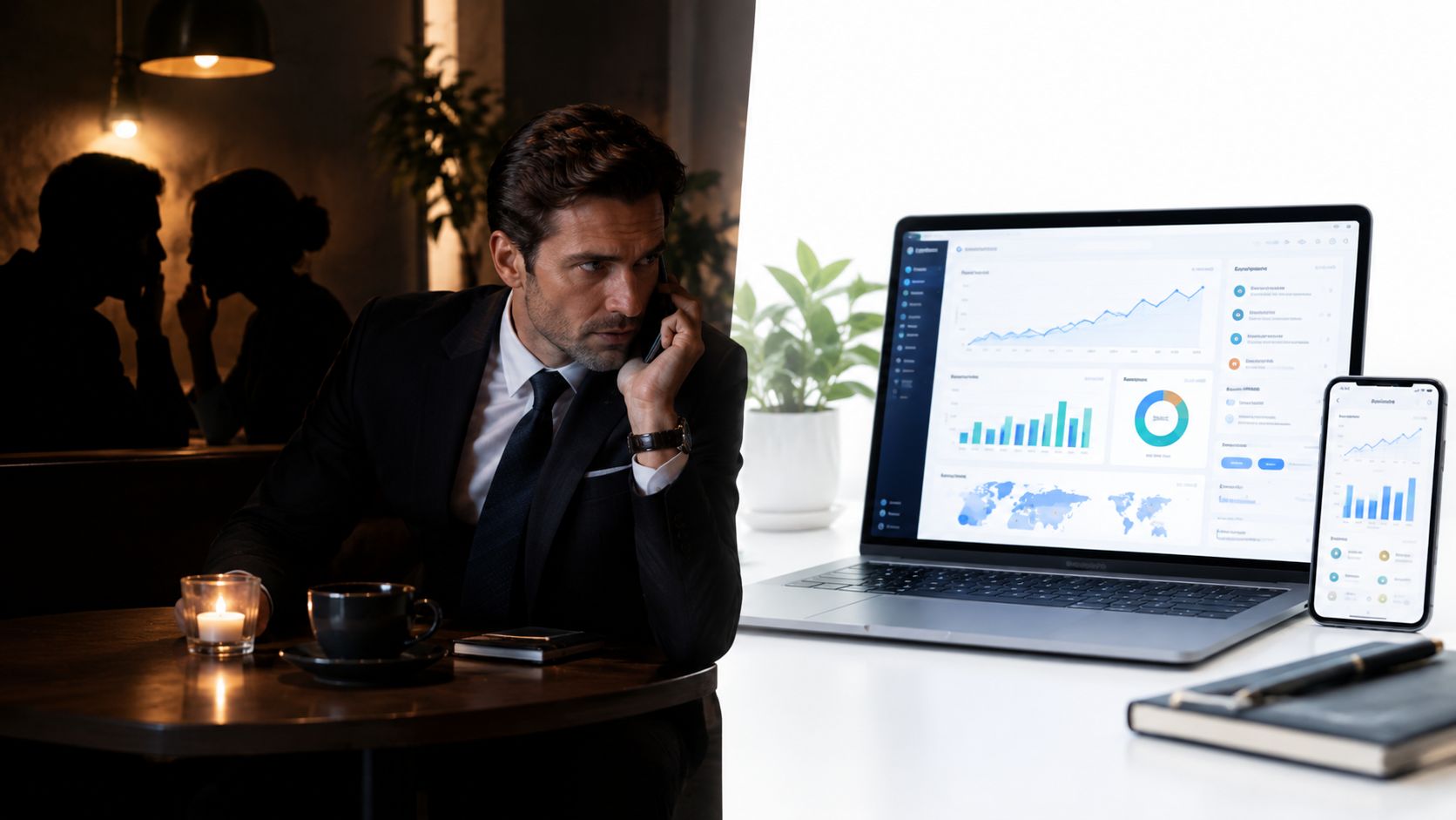 A professional man taking a business call at a cafe next to his laptop displaying analytical data.