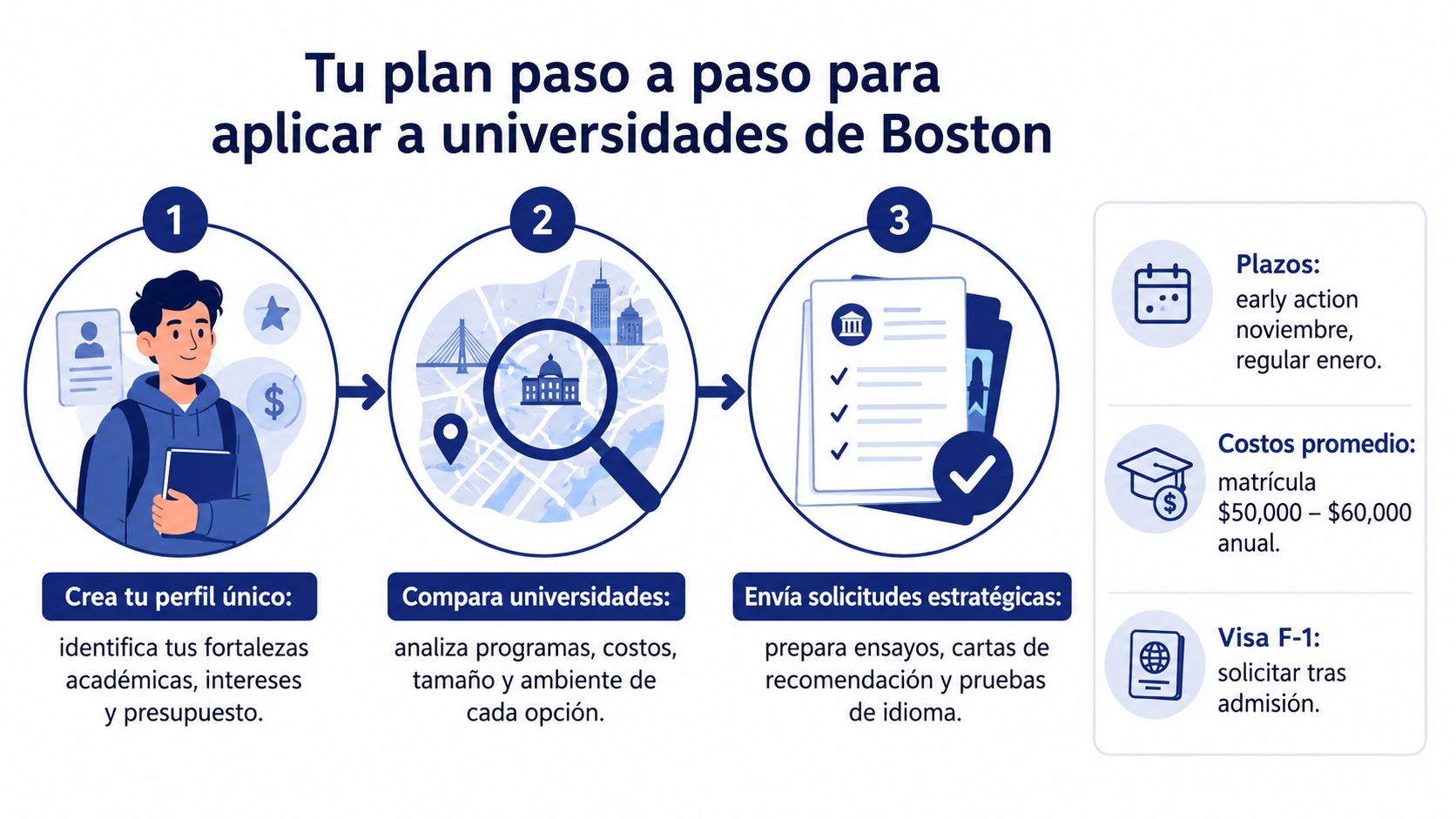 Infografía paso a paso que detalla el proceso para solicitar admisión en universidades de Boston.