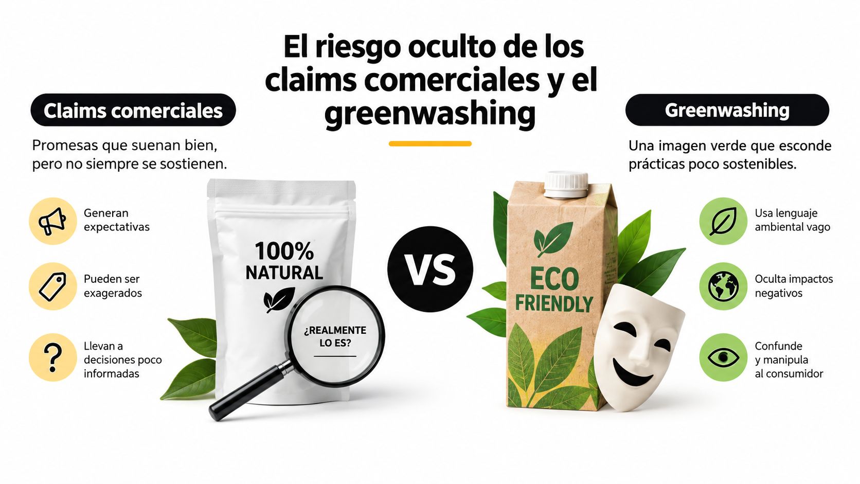 Una infografía comparativa entre los claims comerciales engañosos y el greenwashing, analizando sus riesgos para el consumidor.