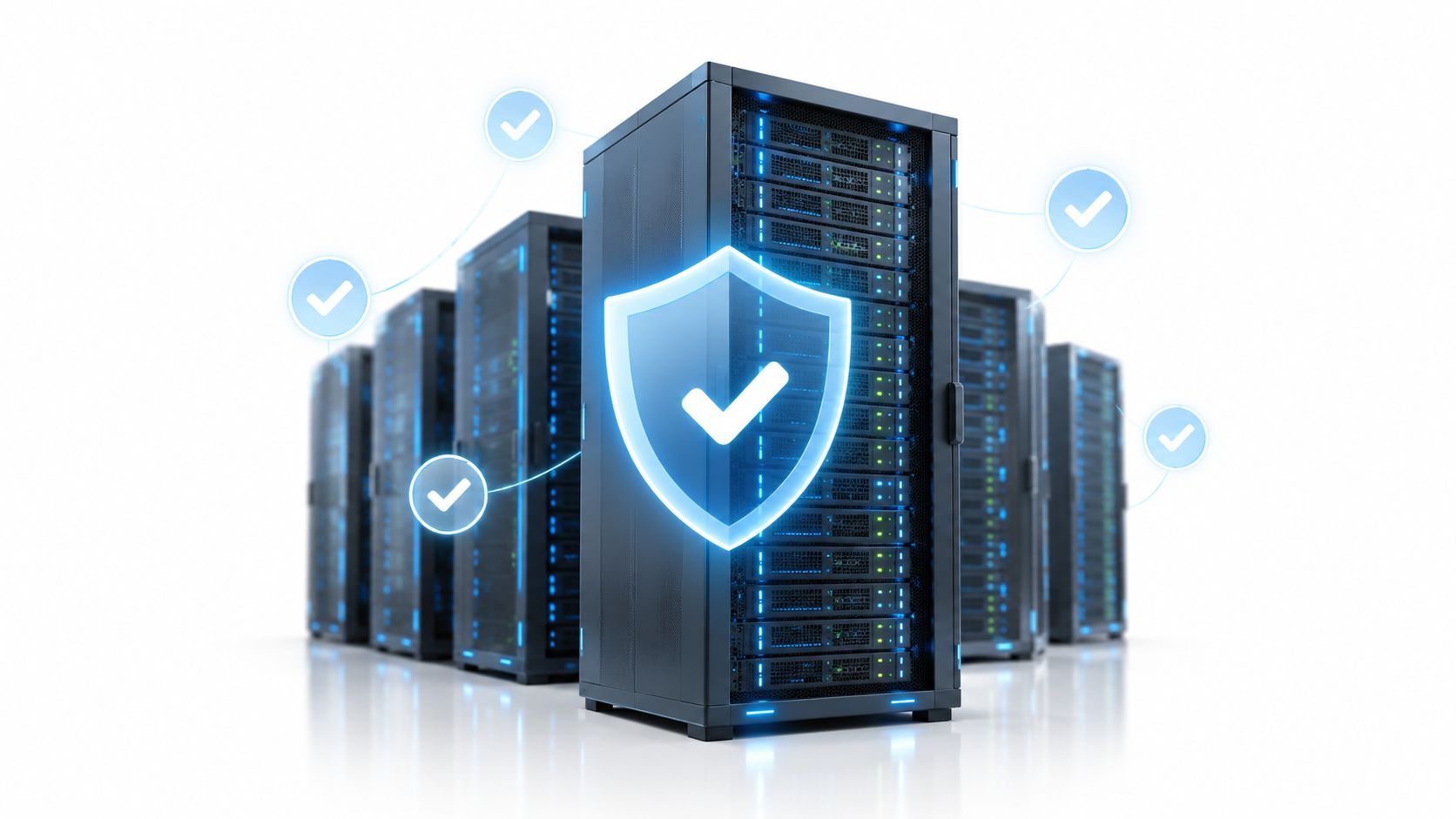 A line of secure server racks protected by a glowing digital shield icon with a checkmark.