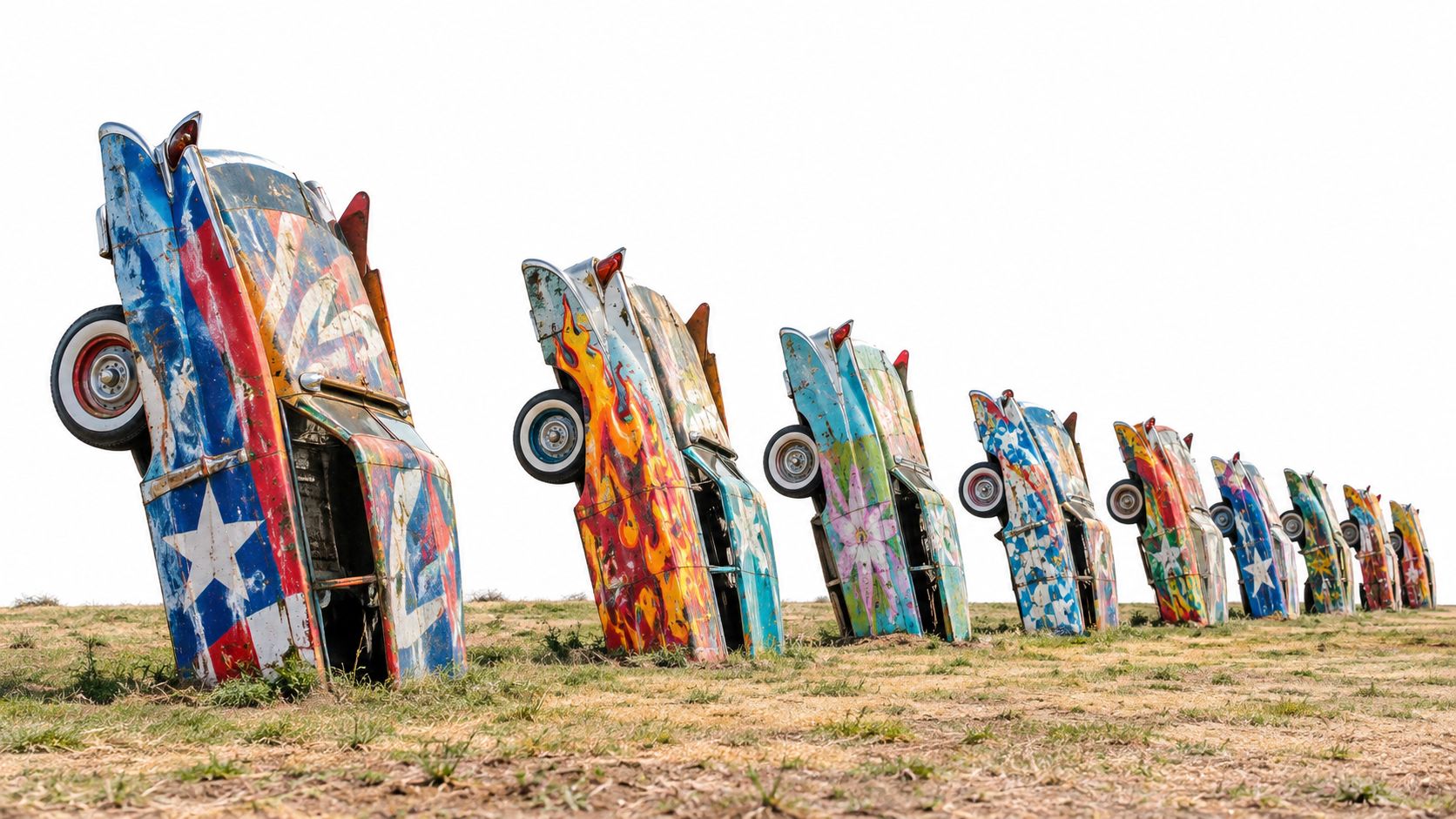 Una fila de coches antiguos pintados con grafitis y clavados verticalmente en el suelo de la Ruta 66.