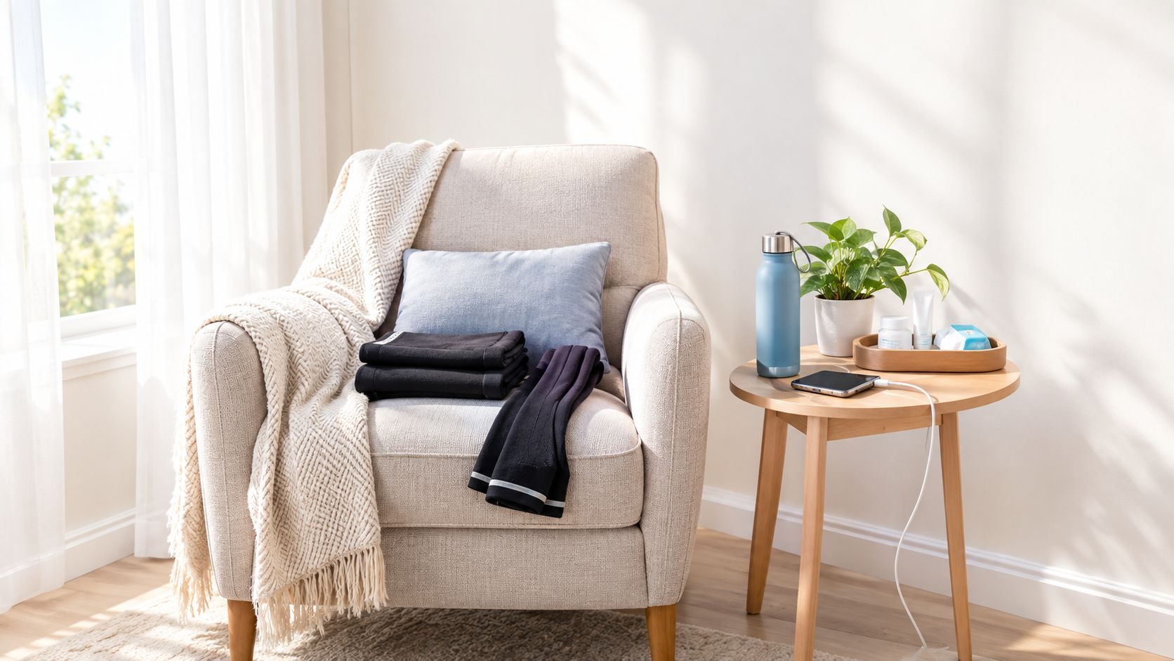 Sillón acogedor con mantas, ropa y objetos de cuidado personal sobre una mesa pequeña para la recuperación.