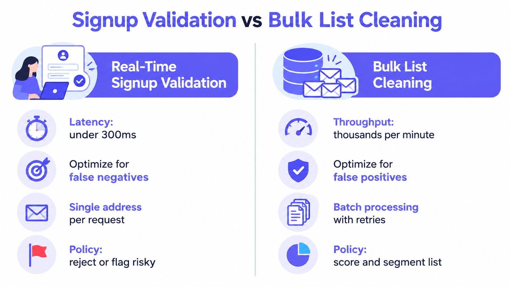 A comparison infographic between real-time signup validation and bulk list cleaning services for email verification.
