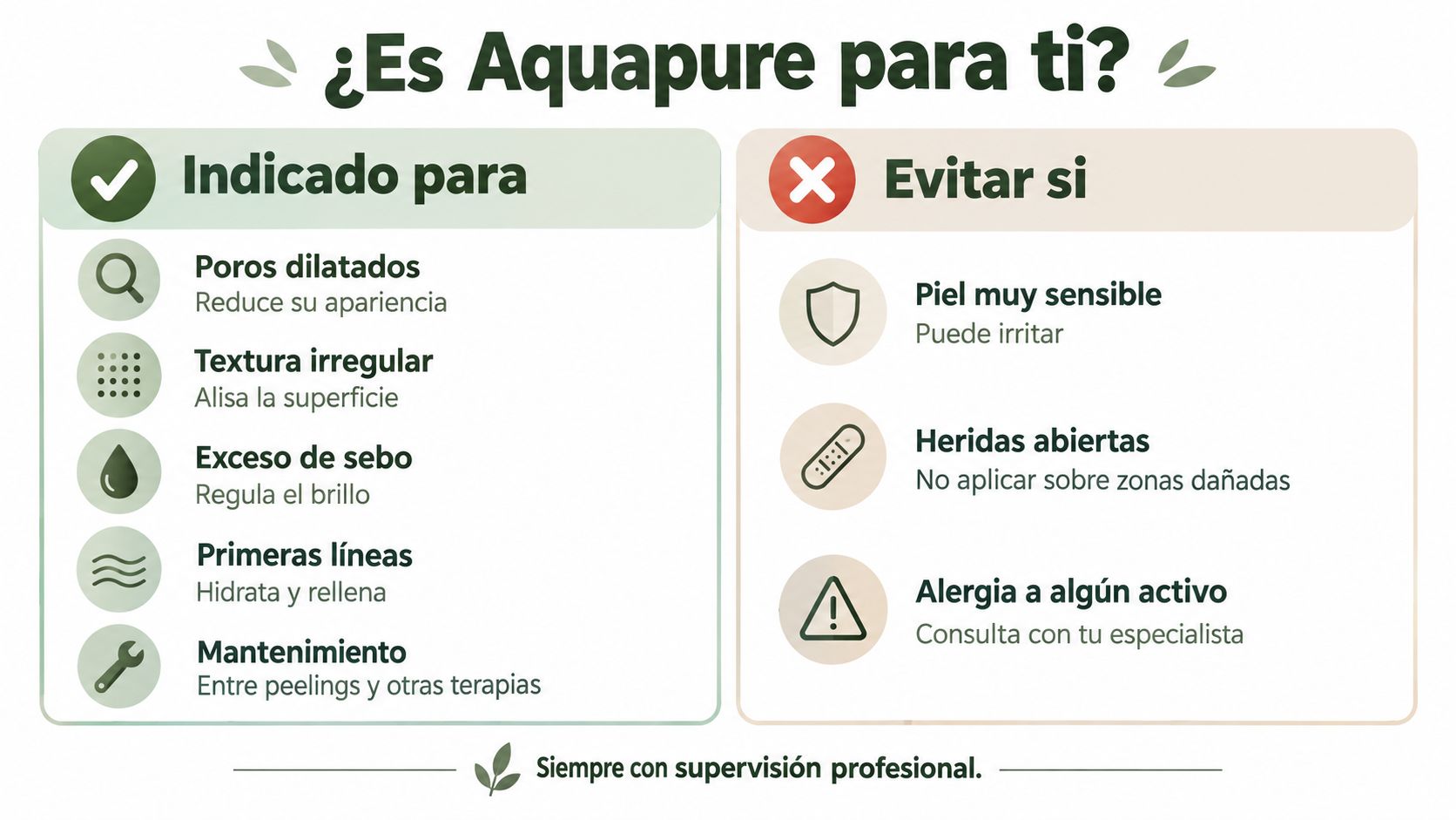 Tabla informativa que indica quién puede beneficiarse del tratamiento facial Aquapure y cuándo debe evitarse su aplicación.