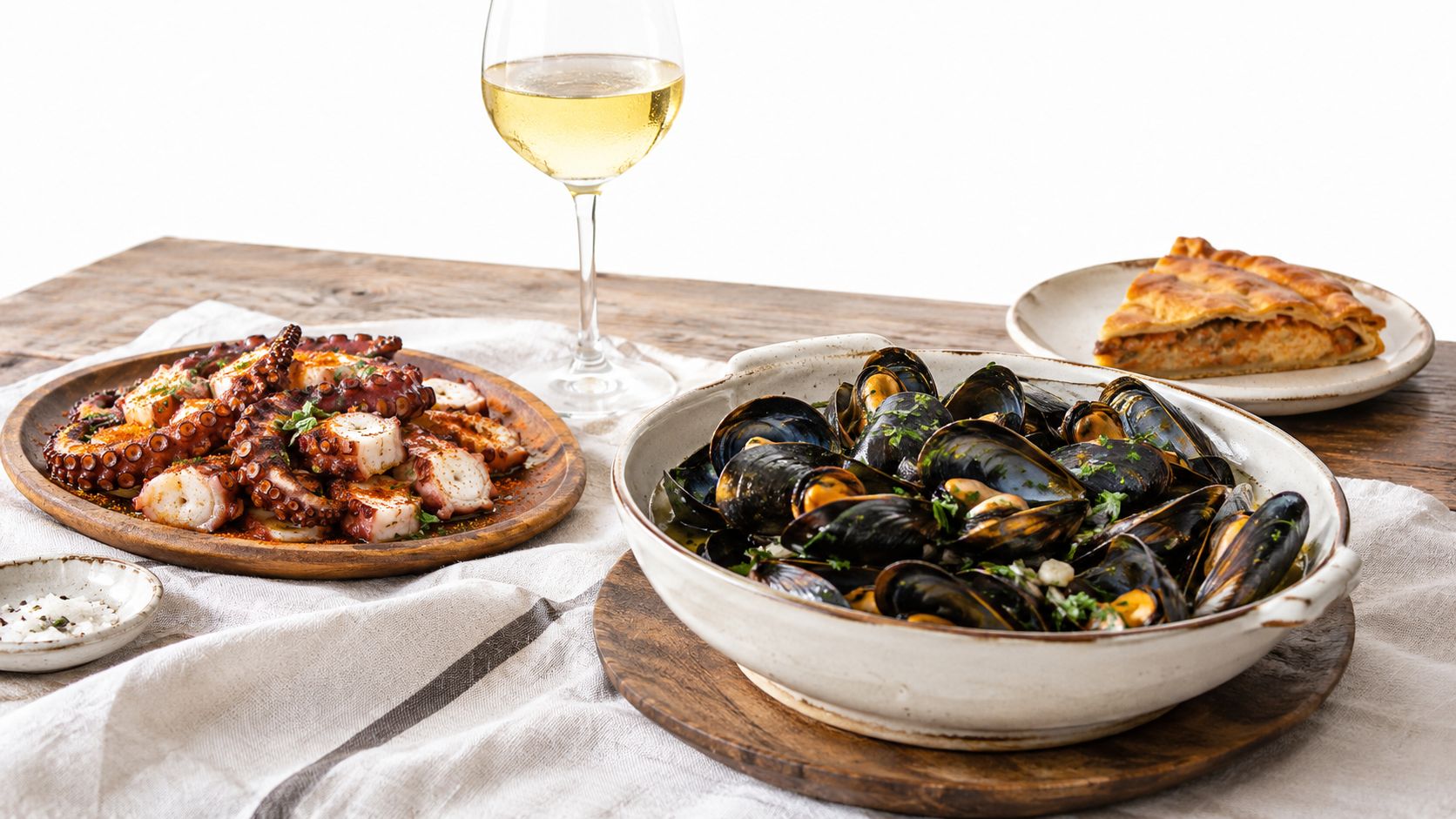 A rustic wooden table featuring a feast of Spanish octopus, steamed mussels, savory pie, and white wine.