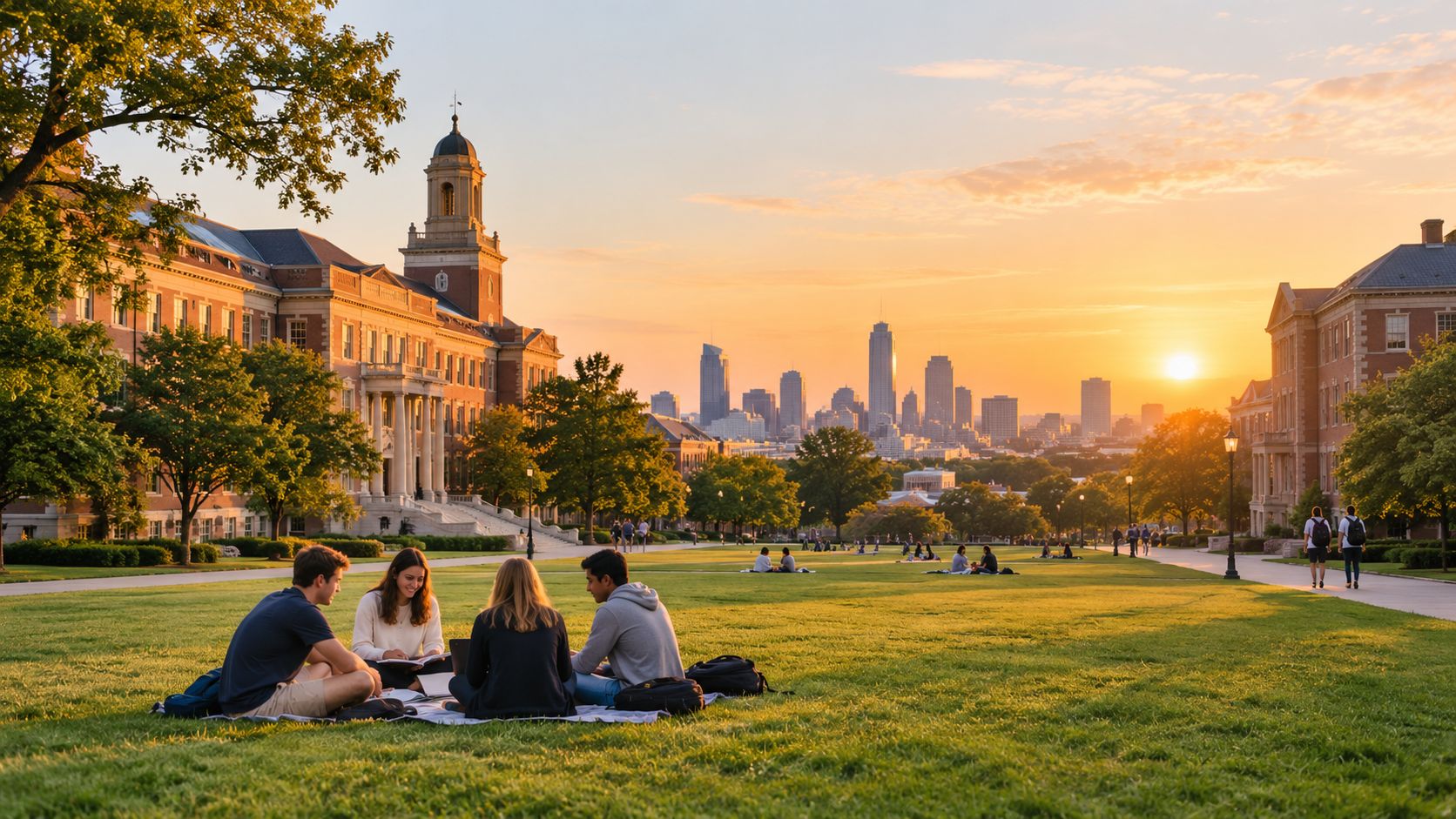 Estudiantes universitarios estudiando en el césped de un campus al atardecer con el horizonte de una ciudad.