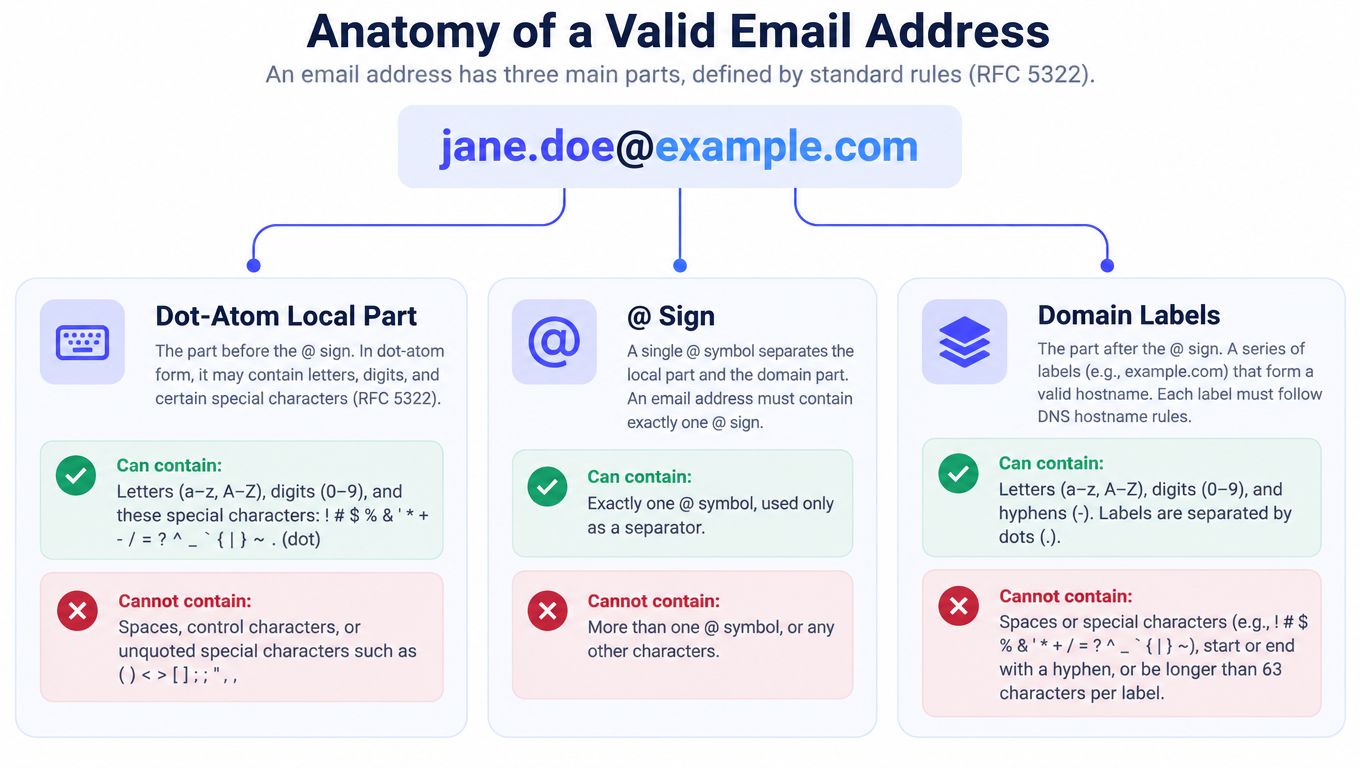 A diagram explaining the anatomy of a valid email address using the example jane.doe@example.com.