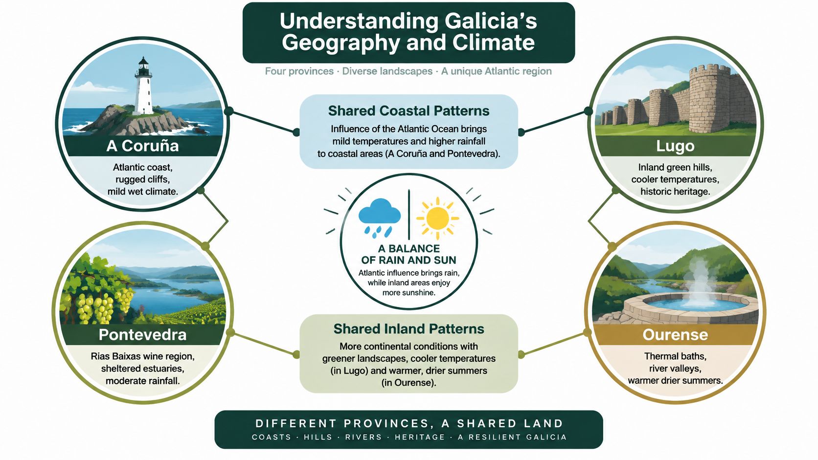 An infographic titled Understanding Galicia's Geography and Climate, highlighting the provinces A Coruña, Pontevedra, Lugo, and Ourense.