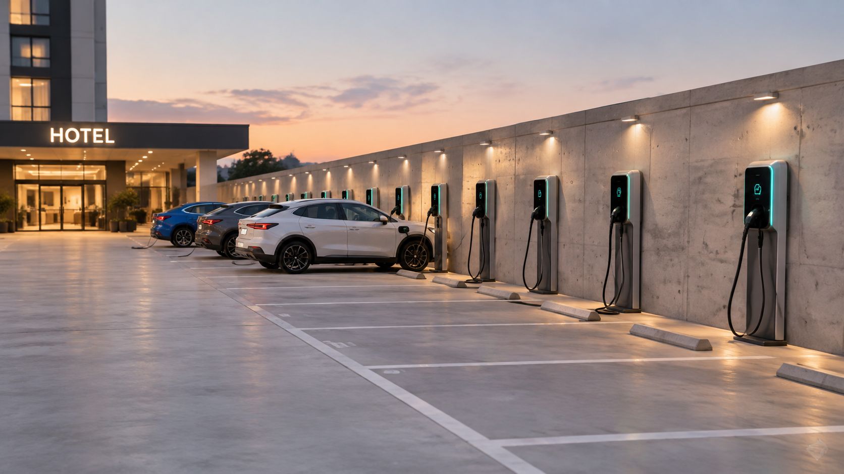 Estación de carga para vehículos eléctricos frente a un hotel moderno durante el atardecer con coches aparcados.