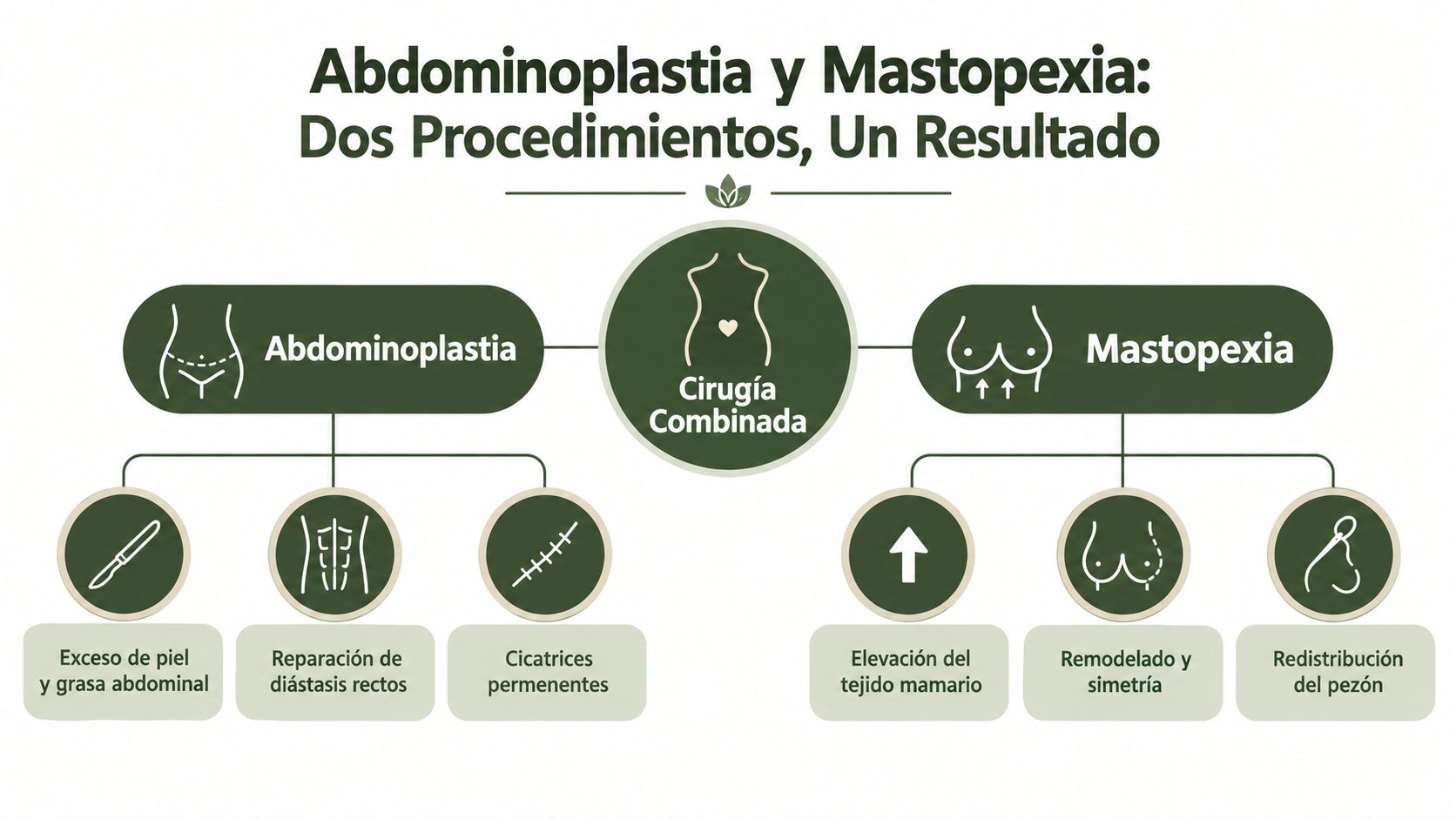 Infografía ilustrativa que detalla los beneficios y componentes de una cirugía combinada de abdominoplastia y mastopexia.