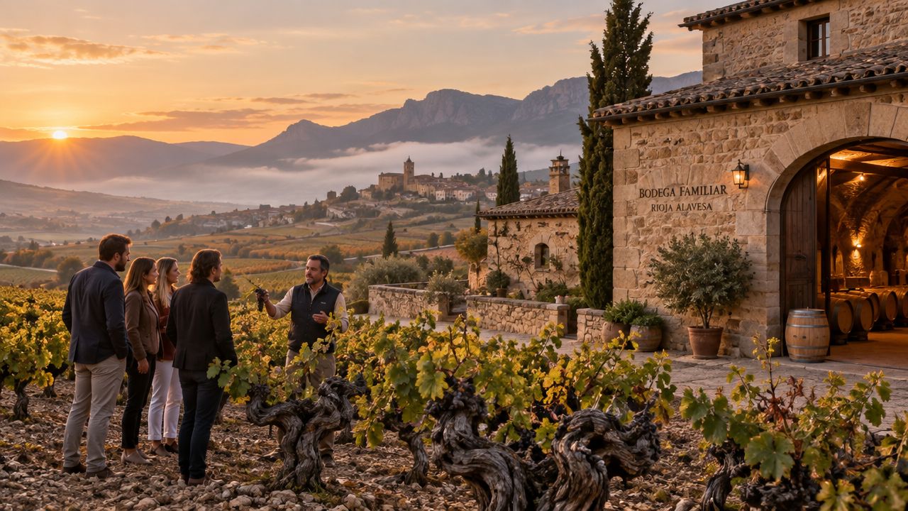 A guide showing grapes to visitors at a vineyard in Rioja Alavesa during a scenic sunset.