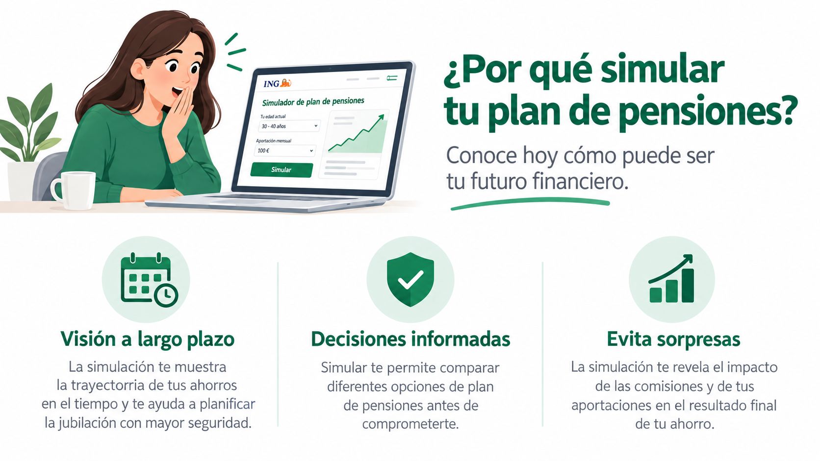Mujer joven mirando un ordenador portátil con el simulador de plan de pensiones de ING Bank.