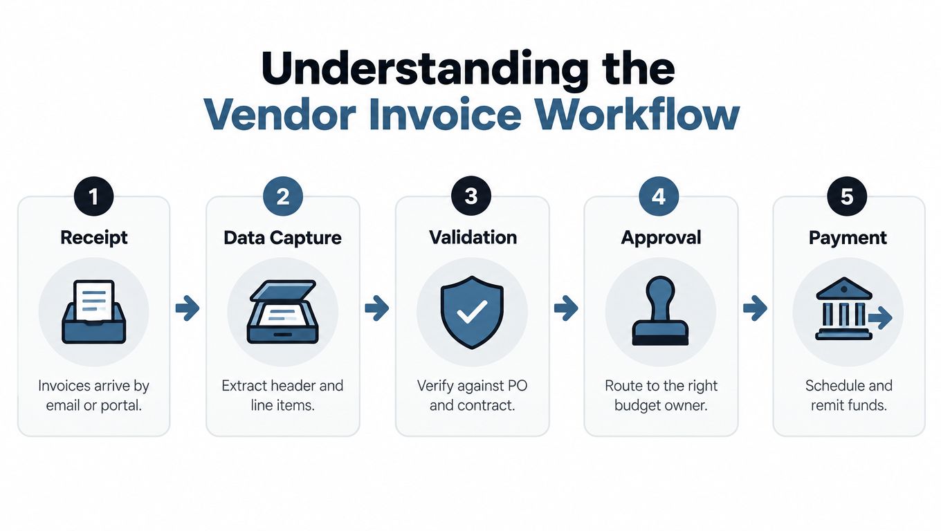 A five-step flowchart illustrating the vendor invoice workflow process from receipt to payment.