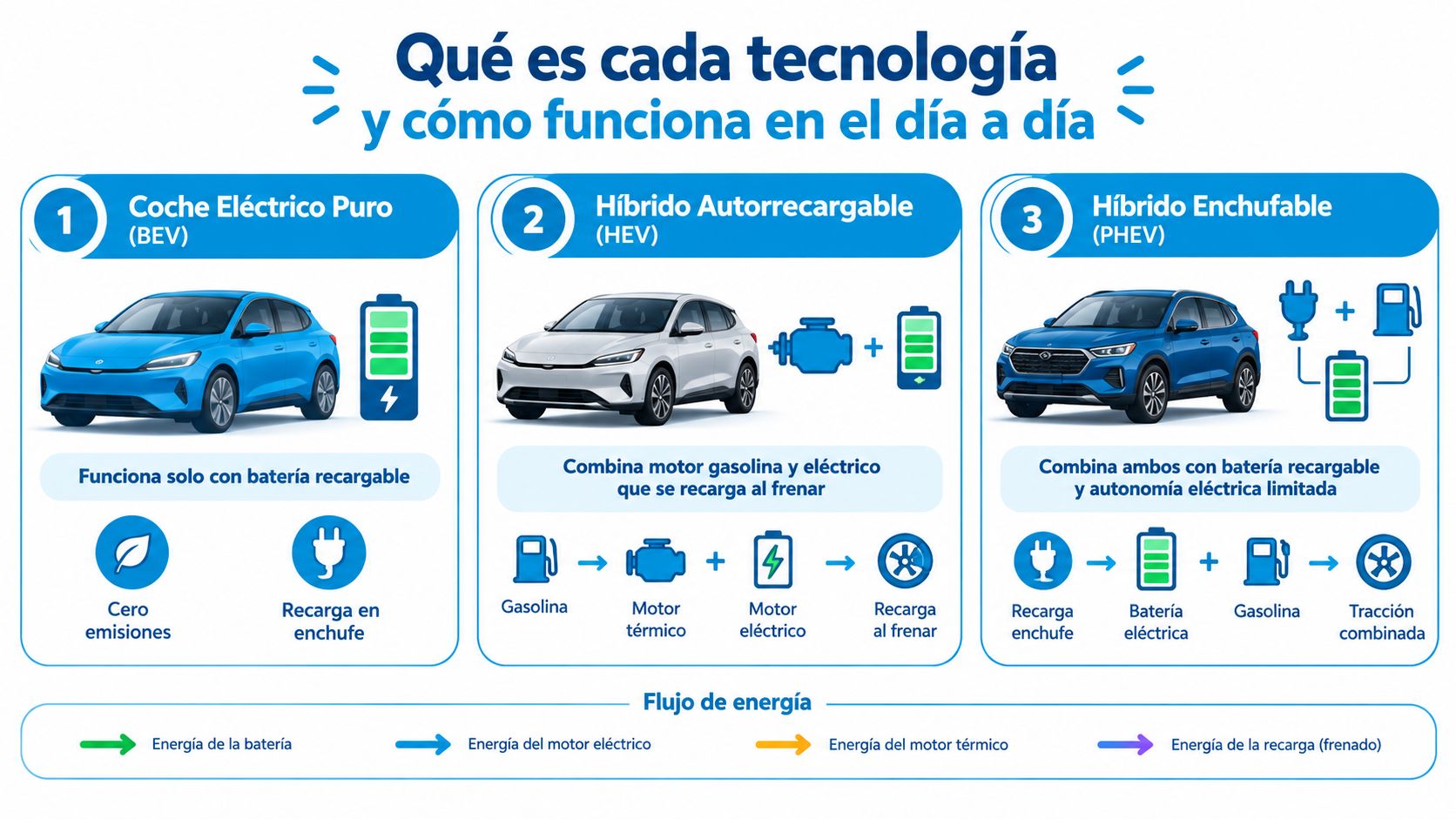 Infografía explicativa sobre las diferencias entre coche eléctrico puro, híbrido autorrecargable e híbrido enchufable y su funcionamiento.