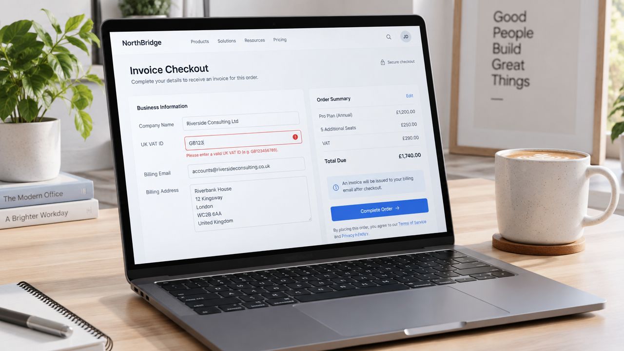 A laptop screen displaying a checkout page with a field requesting a valid UK VAT ID number.