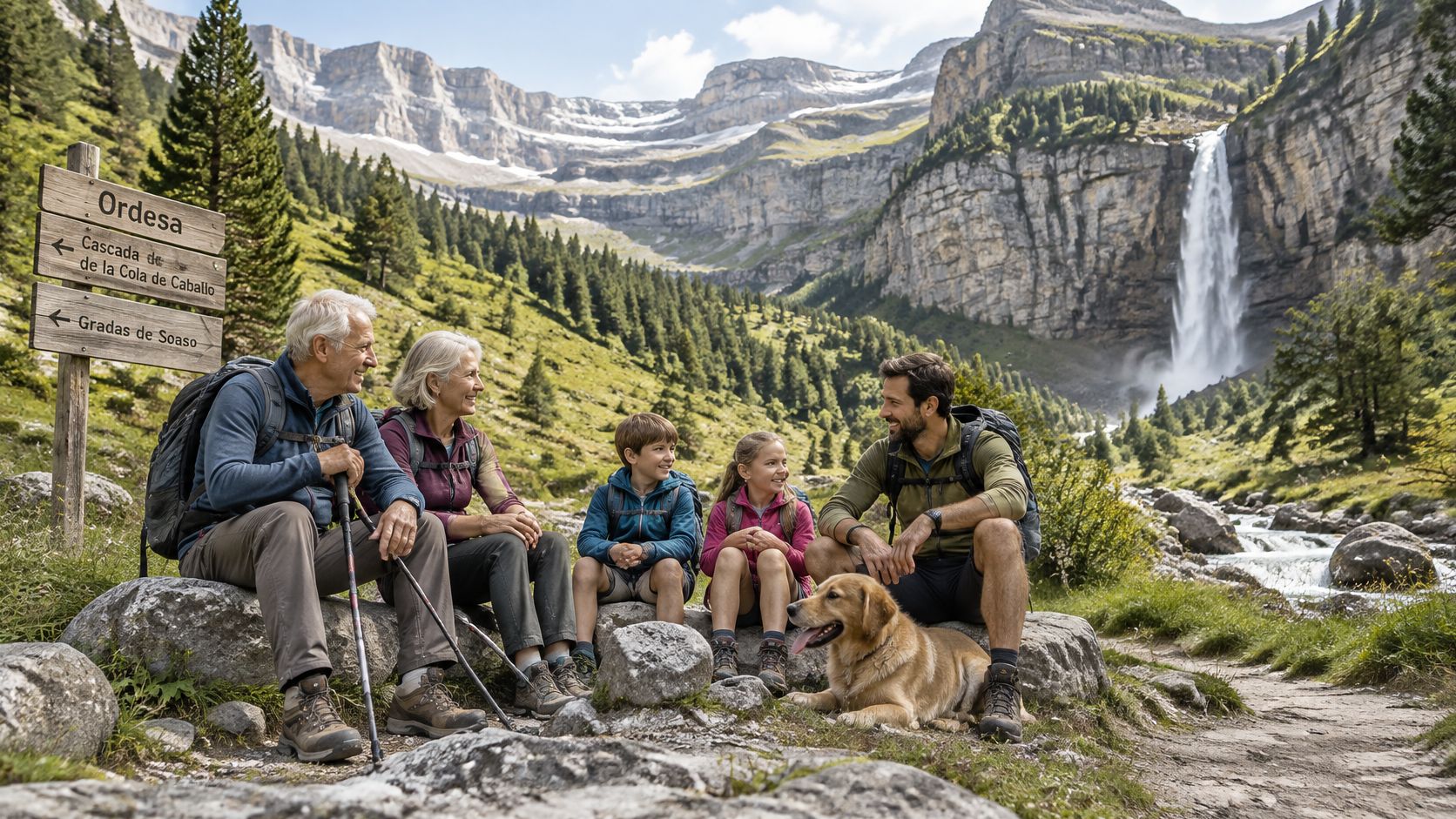 A happy multi-generational family and their golden retriever resting on boulders in the scenic Ordesa Valley, Spain.