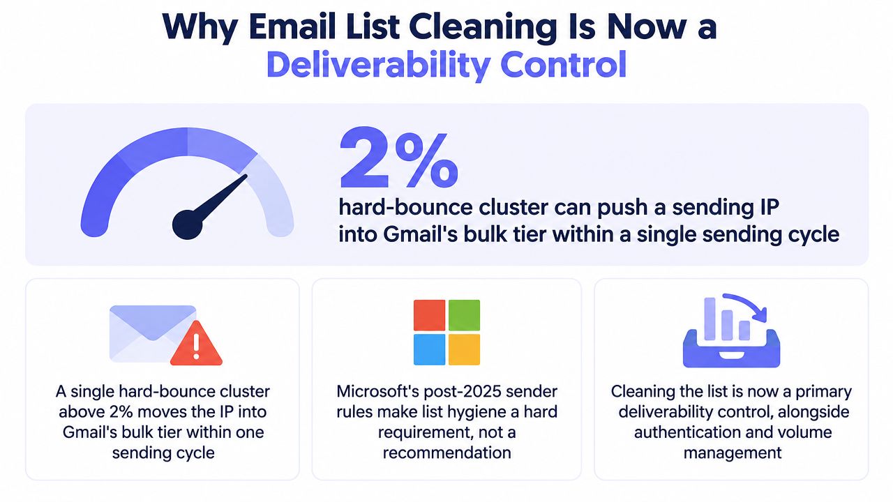 An infographic explaining why maintaining email list hygiene is crucial for preventing deliverability issues with major providers.
