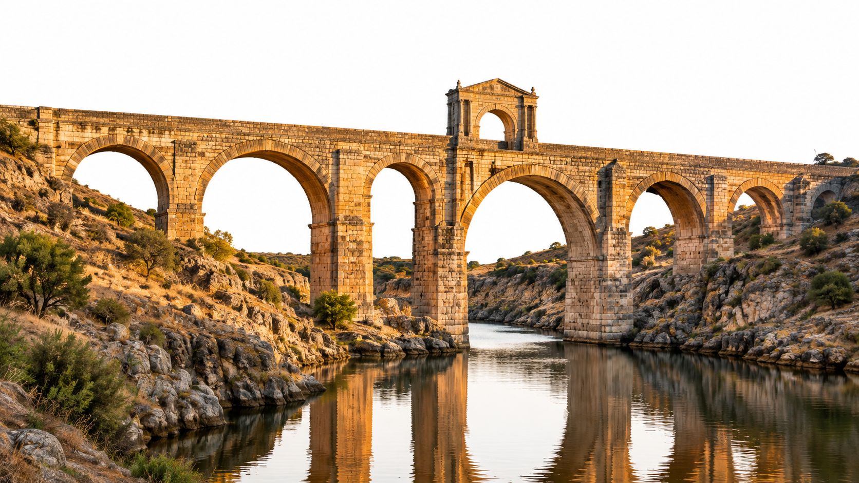 An ancient stone aqueduct bridge with multiple arches spans a tranquil river in a rocky landscape.