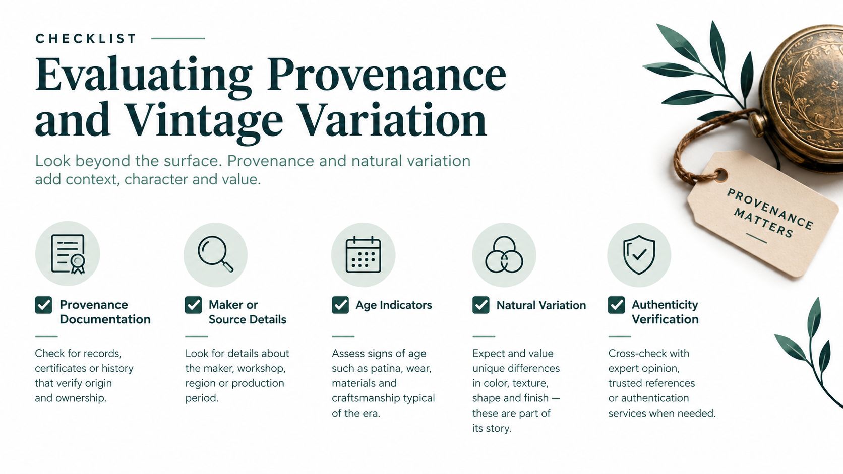 A checklist infographic titled Evaluating Provenance and Vintage Variation, illustrating five key steps for verifying historical items.
