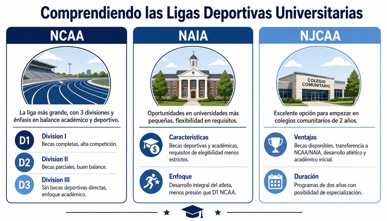Infografía comparativa sobre las ligas deportivas universitarias en Estados Unidos: NCAA, NAIA y NJCAA, detallando sus características principales.