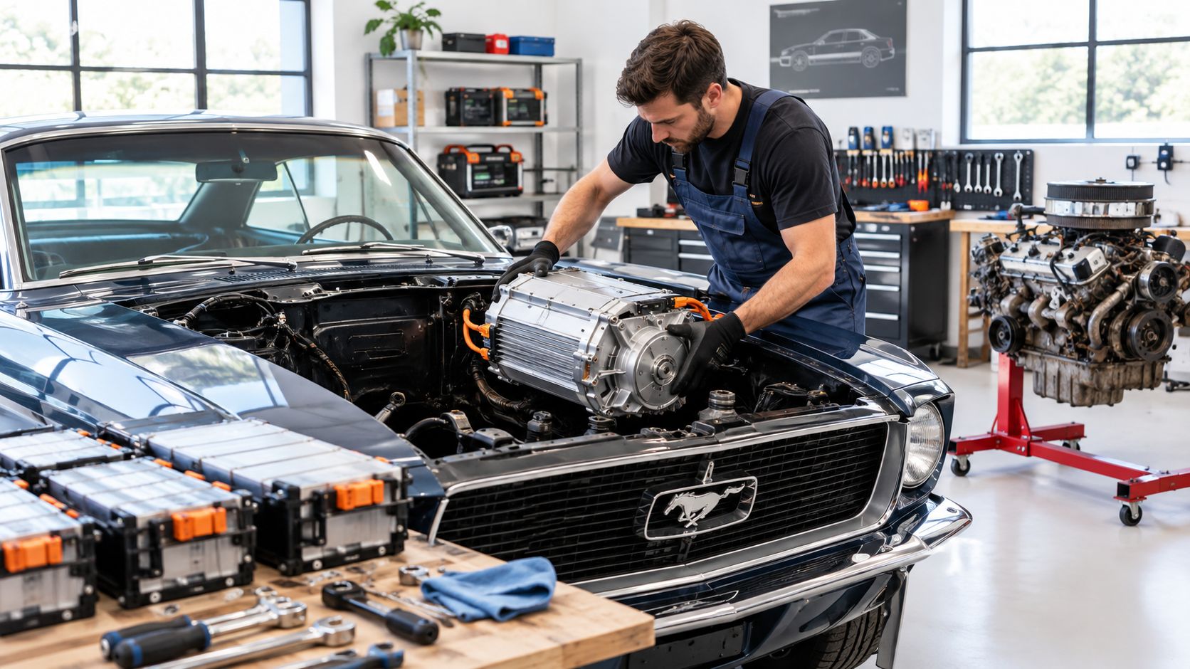 Un mecánico profesional instala un motor eléctrico moderno en el compartimento de un Ford Mustang clásico restaurado.