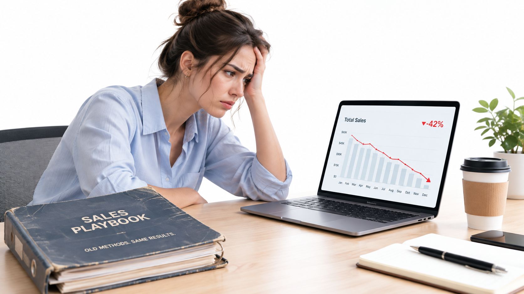 A stressed woman looks at a laptop screen showing a declining sales graph and an old sales playbook.