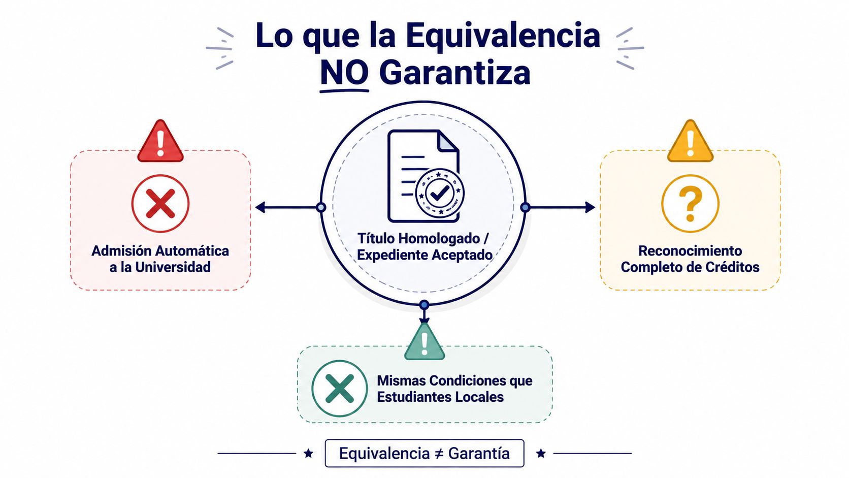 Gráfico explicativo sobre lo que la equivalencia académica no garantiza en trámites de títulos internacionales.