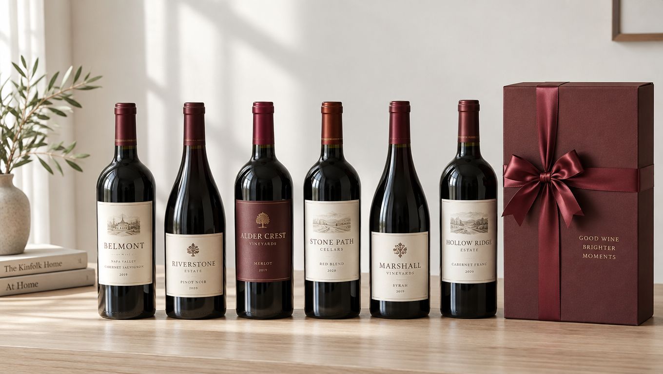 A luxurious gift set featuring six premium bottles of red wine displayed on a wooden table.